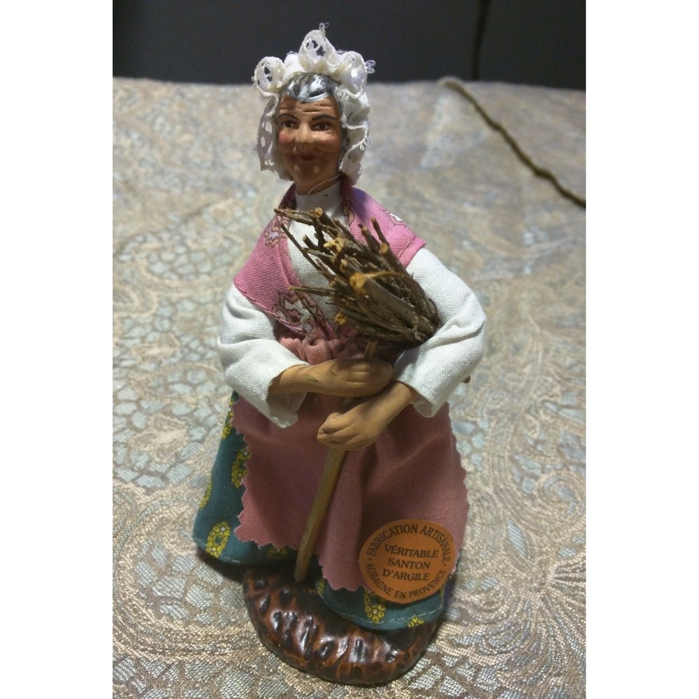 Vintage French Terracotta Dressed Santon Figure Old Woman Signed